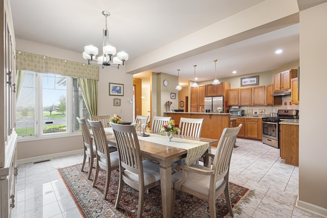 dining space with baseboards, visible vents, a toaster, recessed lighting, and a notable chandelier