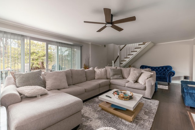 living room featuring stairway, ornamental molding, a ceiling fan, and dark wood-type flooring
