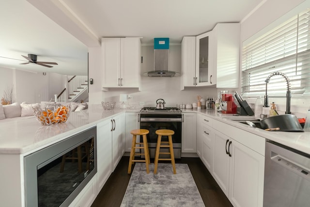 kitchen featuring a sink, stainless steel appliances, white cabinetry, ceiling fan, and wall chimney range hood