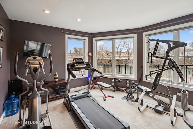 exercise area featuring carpet and recessed lighting