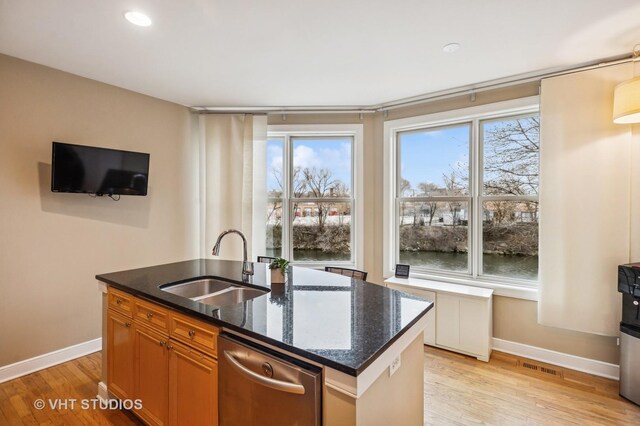 kitchen with stainless steel dishwasher, baseboards, light wood-style flooring, and a sink