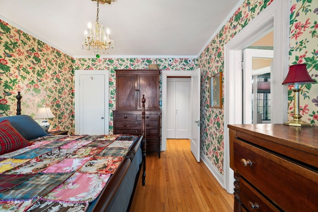3800 N Lake Shore Dr Unit 5E, Chicago, IL 60613 - bedroom featuring baseboards, light wood-style floors, a chandelier, and wallpapered walls