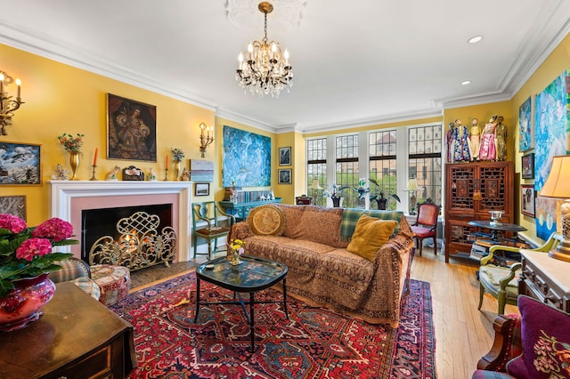 3800 N Lake Shore Dr Unit 5E, Chicago, IL 60613 - living room featuring recessed lighting, a chandelier, a fireplace with flush hearth, crown molding, and hardwood / wood-style flooring