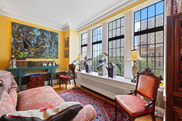3800 N Lake Shore Dr Unit 5E, Chicago, IL 60613 - sitting room featuring a wealth of natural light, radiator heating unit, crown molding, and wood finished floors