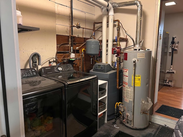 laundry room with separate washer and dryer and water heater