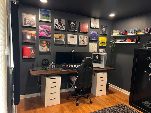 home office with wood finished floors, baseboards, and recessed lighting