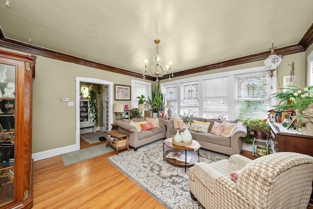 1306 Highland Ave, Berwyn, IL 60402 - living room with crown molding, a chandelier, and light wood-style flooring
