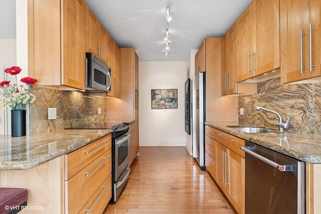 kitchen with a sink, light wood finished floors, tasteful backsplash, and appliances with stainless steel finishes