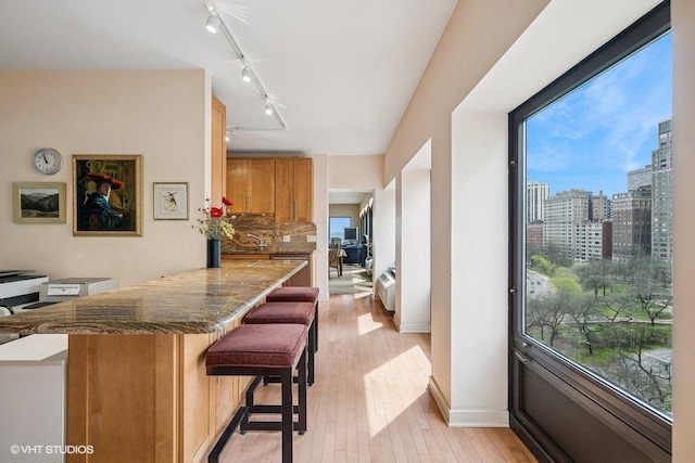 kitchen featuring track lighting, a peninsula, a kitchen breakfast bar, dark stone counters, and light wood-type flooring