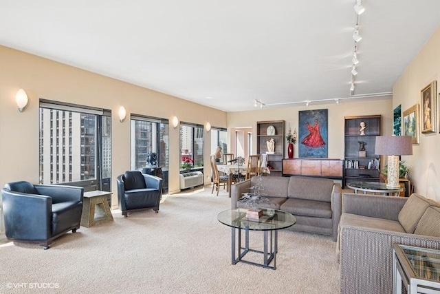 living room featuring rail lighting and carpet flooring