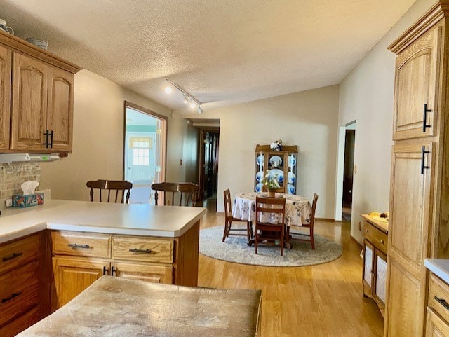 300 Marquette Ln, Spring Valley, IL 61362 - kitchen featuring light wood-style flooring, a peninsula, light countertops, a textured ceiling, and rail lighting