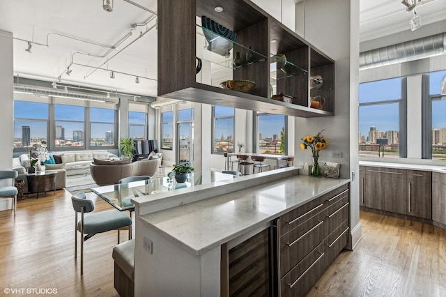 900 N Kingsbury St Unit 1150, Chicago, IL 60610 - bar area with rail lighting, wine cooler, a skyline view, and light wood finished floors