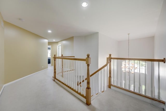 2411 Williamstown Ct, Naperville, IL 60564 - corridor with an upstairs landing, a chandelier, carpet floors, recessed lighting, and baseboards