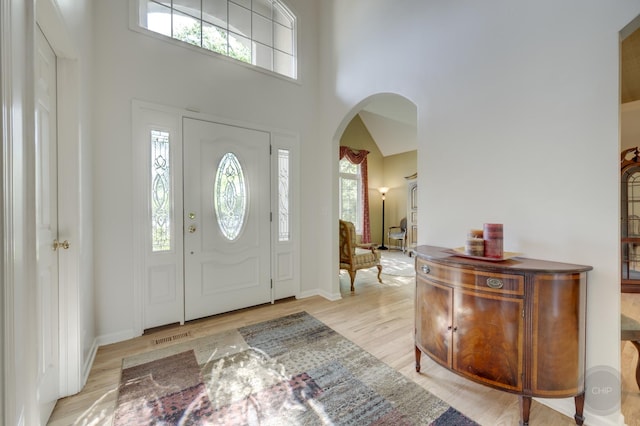 2411 Williamstown Ct, Naperville, IL 60564 - foyer entrance featuring a towering ceiling, arched walkways, healthy amount of natural light, and light wood-style floors