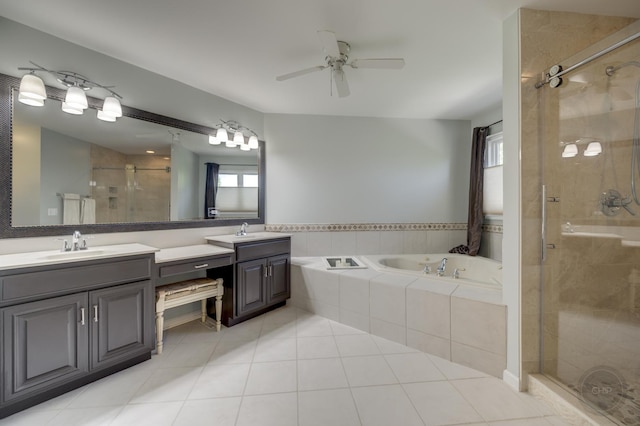 2411 Williamstown Ct, Naperville, IL 60564 - bathroom with a shower stall, a garden tub, ceiling fan, tile patterned floors, and double vanity