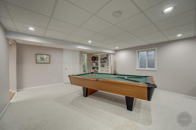 2411 Williamstown Ct, Naperville, IL 60564 - rec room featuring carpet, baseboards, billiards table, recessed lighting, and a drop ceiling