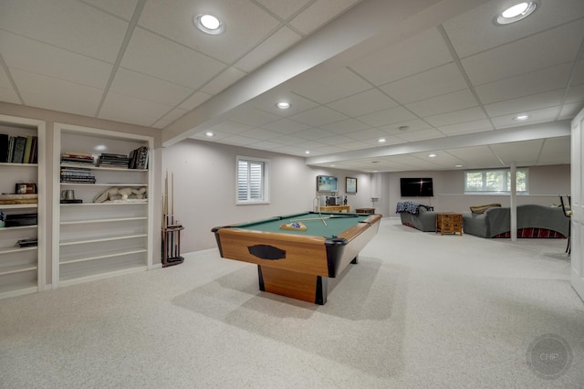 2411 Williamstown Ct, Naperville, IL 60564 - rec room with carpet, billiards, a drop ceiling, healthy amount of natural light, and recessed lighting