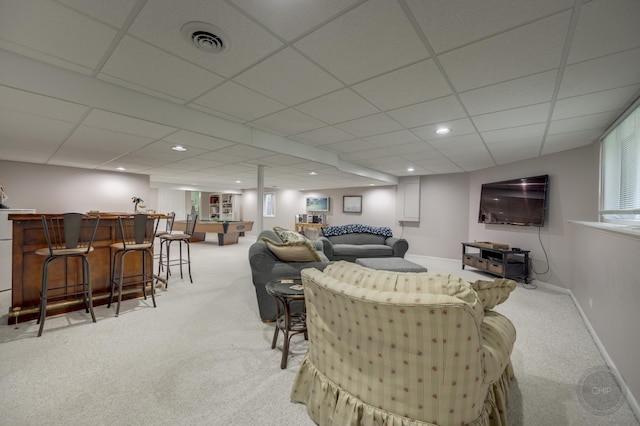 2411 Williamstown Ct, Naperville, IL 60564 - living room featuring bar, light colored carpet, recessed lighting, and a drop ceiling