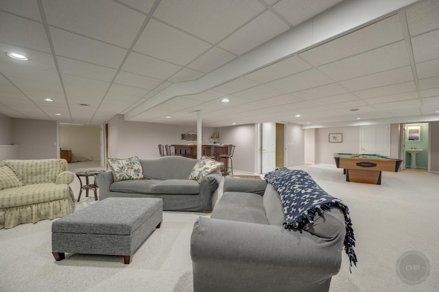2411 Williamstown Ct, Naperville, IL 60564 - living room featuring carpet flooring, pool table, a drop ceiling, and recessed lighting