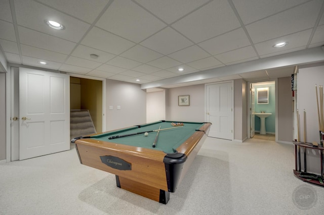 2411 Williamstown Ct, Naperville, IL 60564 - playroom with carpet flooring, a paneled ceiling, recessed lighting, pool table, and a sink
