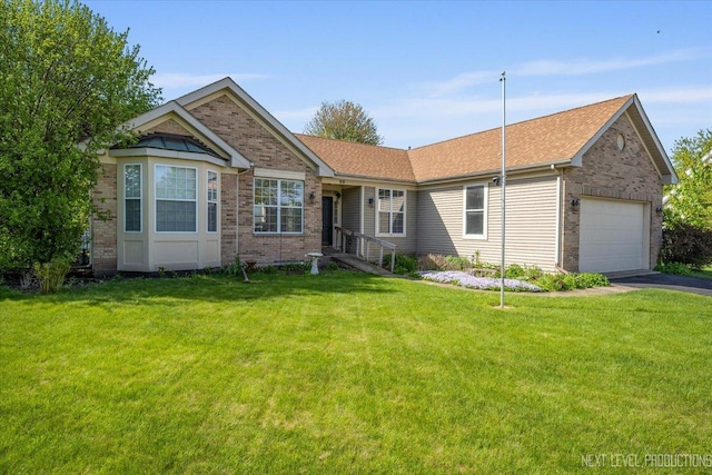 single story home with brick siding, a front yard, driveway, a garage, and roof with shingles