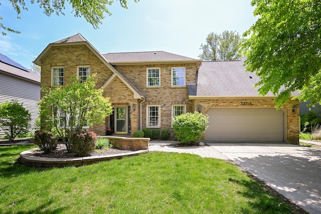 1408 Ambleside Cir, Naperville, IL 60540 - english style home featuring an attached garage, driveway, a front lawn, brick siding, and a shingled roof