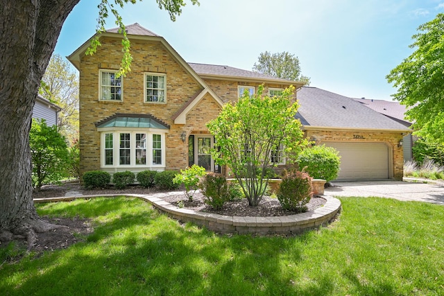 1408 Ambleside Cir, Naperville, IL 60540 - view of front of home with brick siding, an attached garage, driveway, a front lawn, and a shingled roof