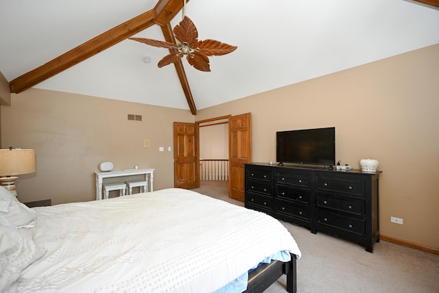 1408 Ambleside Cir, Naperville, IL 60540 - bedroom with beamed ceiling, light carpet, high vaulted ceiling, ceiling fan, and baseboards