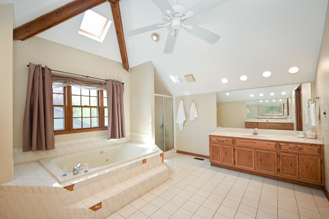 1408 Ambleside Cir, Naperville, IL 60540 - full bath with a shower stall, a whirlpool tub, vanity, a skylight, and tile patterned flooring