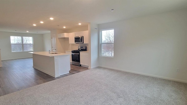 6600 Linden Trl Unit F, Wonder Lake, IL 60097 - kitchen featuring a sink, dark carpet, a center island with sink, stainless steel appliances, and white cabinets
