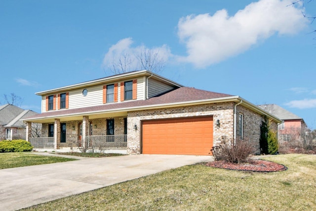 traditional-style house featuring covered porch, an attached garage, concrete driveway, a front lawn, and brick siding