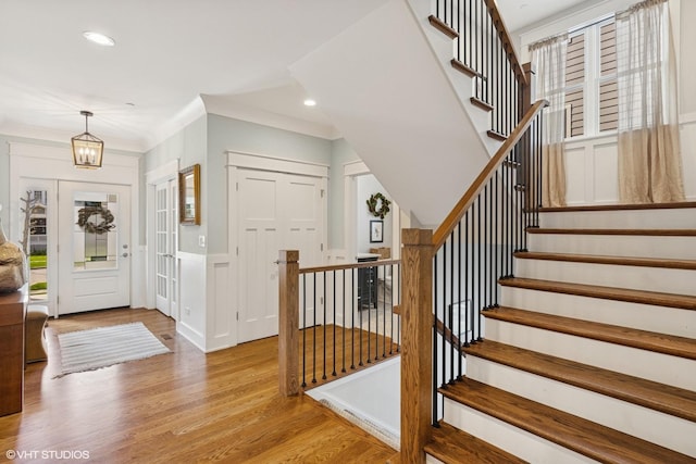 443 N Spring Ave, La Grange Park, IL 60526 - entrance foyer with wood finished floors, a chandelier, stairs, and recessed lighting