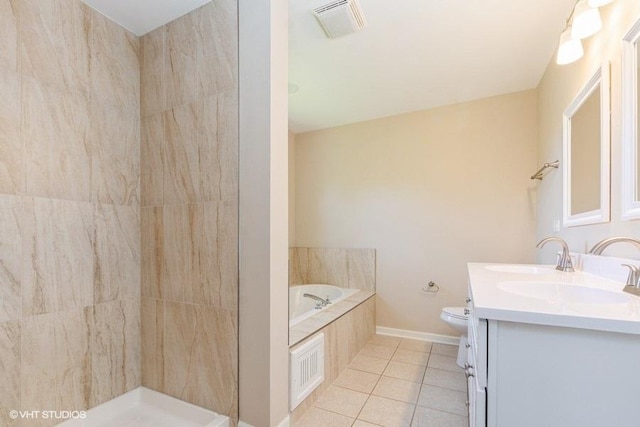full bath with toilet, a bath, visible vents, tile patterned flooring, and vanity
