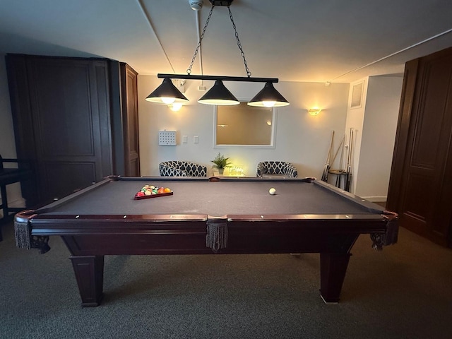recreation room with carpet flooring and billiards