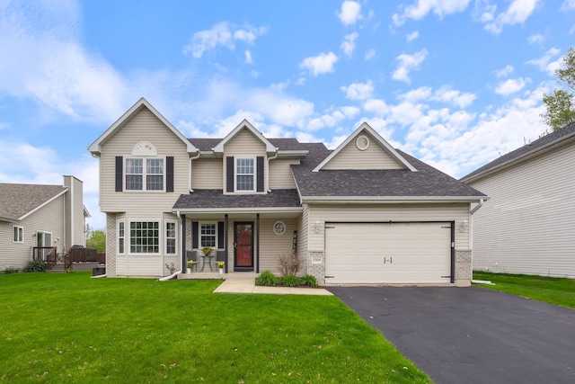 traditional-style home featuring asphalt driveway, a front yard, an attached garage, a shingled roof, and brick siding