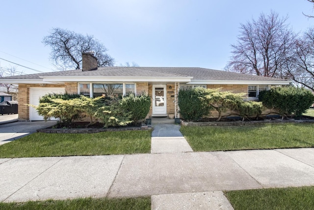 1921 Elm St, Park Ridge, IL 60068 - ranch-style house featuring a garage, a chimney, a front lawn, and stone siding