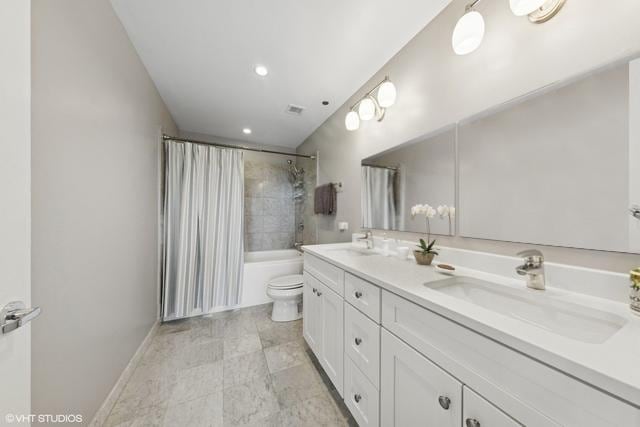 bathroom with shower / bath combo, toilet, baseboards, double vanity, and recessed lighting