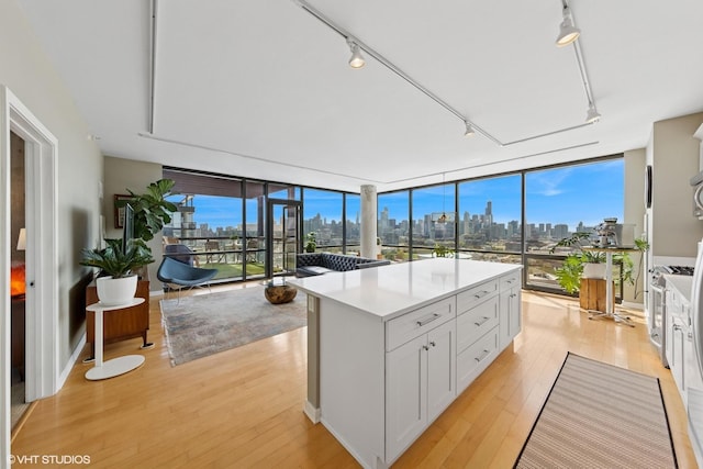 kitchen with a skyline view, light wood-style floors, rail lighting, floor to ceiling windows, and light countertops