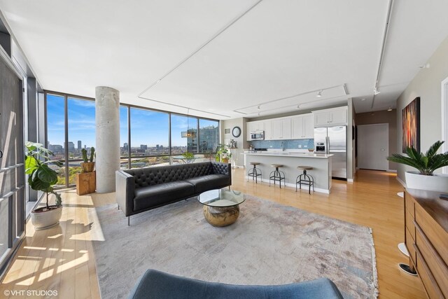 living room featuring a view of city, light wood-type flooring, track lighting, and a wall of windows