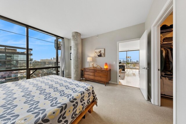 bedroom featuring light carpet, multiple windows, expansive windows, a walk in closet, and a closet