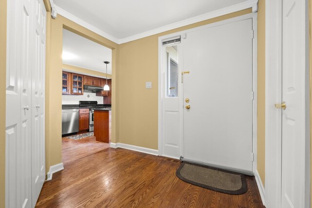 entrance foyer featuring baseboards, ornamental molding, and dark wood-style floors