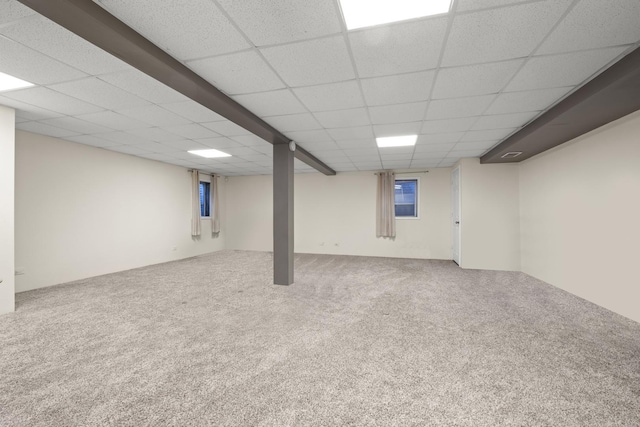 finished below grade area featuring a paneled ceiling and carpet flooring