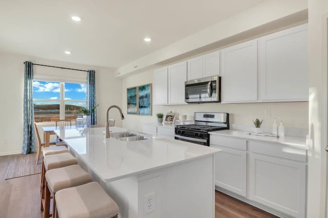kitchen featuring white cabinetry, stainless steel appliances, an island with sink, and a sink