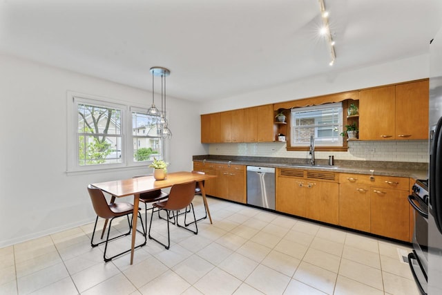 kitchen with a sink, open shelves, stainless steel dishwasher, dark countertops, and brown cabinets