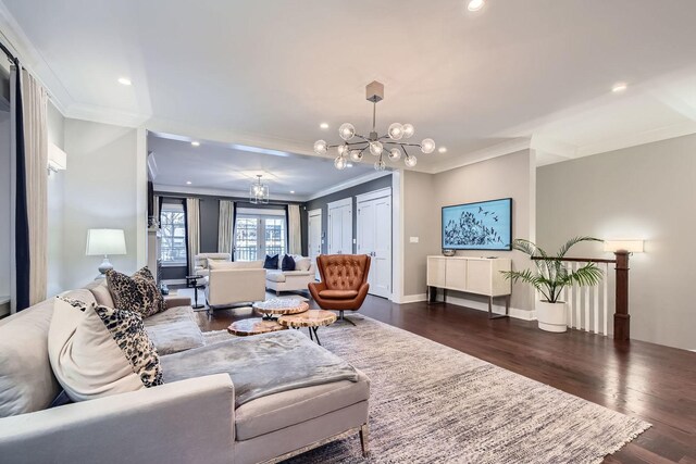 1955 N Halsted St Unit 1, Chicago, IL 60614 - living room with a chandelier, crown molding, dark wood finished floors, recessed lighting, and baseboards