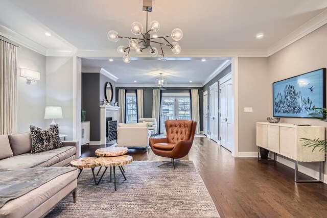 1955 N Halsted St Unit 1, Chicago, IL 60614 - living area with a chandelier, ornamental molding, dark wood-style flooring, and recessed lighting