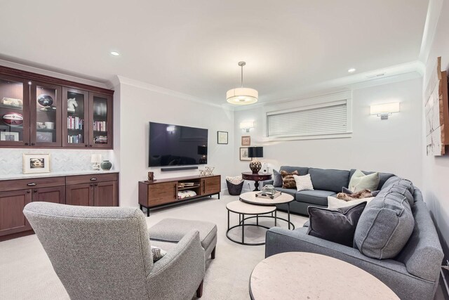 1955 N Halsted St Unit 1, Chicago, IL 60614 - living area with ornamental molding, light carpet, baseboards, and recessed lighting