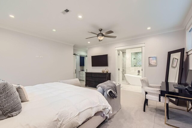 1955 N Halsted St Unit 1, Chicago, IL 60614 - bedroom with light colored carpet, ornamental molding, recessed lighting, ensuite bathroom, and ceiling fan