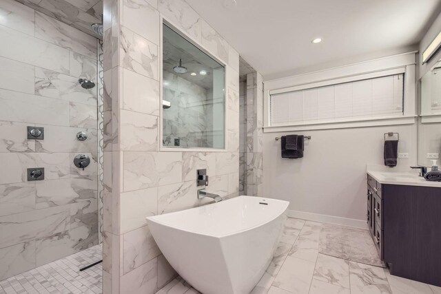 1955 N Halsted St Unit 1, Chicago, IL 60614 - bathroom with marble look tiles, two vanities, a marble finish shower, a soaking tub, and recessed lighting