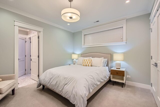 1955 N Halsted St Unit 1, Chicago, IL 60614 - bedroom with ornamental molding, baseboards, light carpet, multiple windows, and recessed lighting